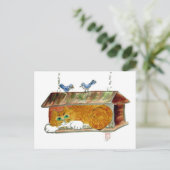 Vogelfutter und Orange Tiger Cat Postkarte (Stehend Vorderseite)