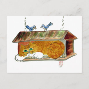 Vogelfutter und Orange Tiger Cat Postkarte