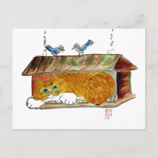 Vogelfutter und Orange Tiger Cat Postkarte (Vorderseite)