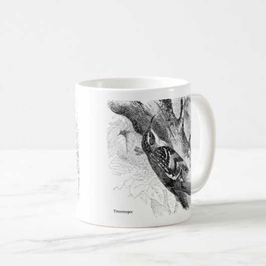Vogelgravuren - ein Nuthatch & Treecreeper Kaffeetasse (VorderseiteRechts)