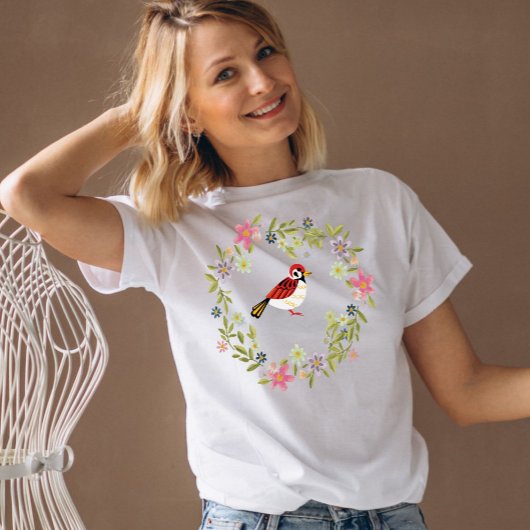Vogelgrün und rosa Blume, Aquarell T-Shirt