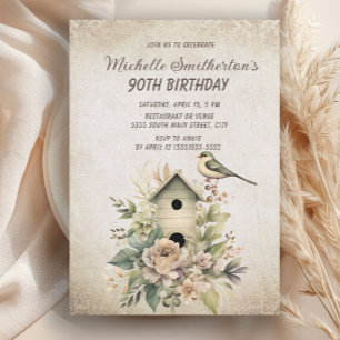 Vogelhaus Blumen Rustikal Vintage 90. Geburtstag Einladung