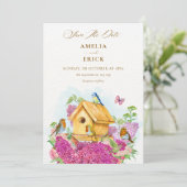 Vogelhaus Blumenhochzeit Save The Date (Stehend Vorderseite)