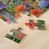 Vogelhäuser, farbenfrohe Vögel und blühende Blumen Puzzle (Seite)