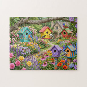 Vogelhäuser, farbenfrohe Vögel und blühende Blumen Puzzle