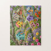 Vogelhäuser, farbenfrohe Vögel und blühende Blumen Puzzle (Vertikal)