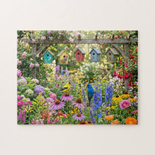 Vogelhäuser, lebhafte Vögel und blühende Blumen Puzzle