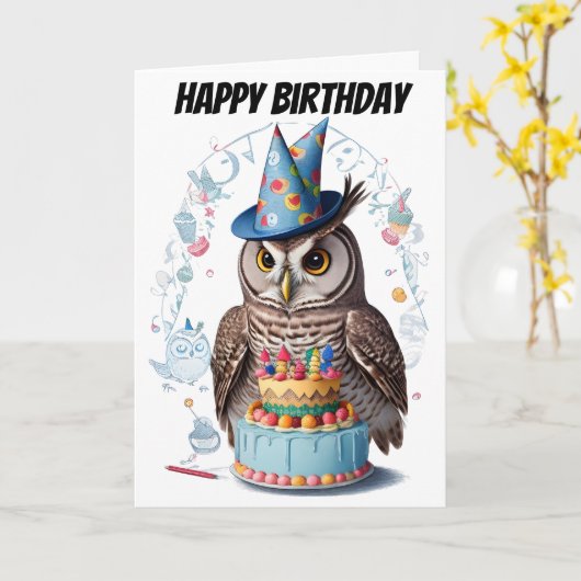 Vogelhühner mit stehendem Hut hinter Kuchen Karte (Gelbe Blume)