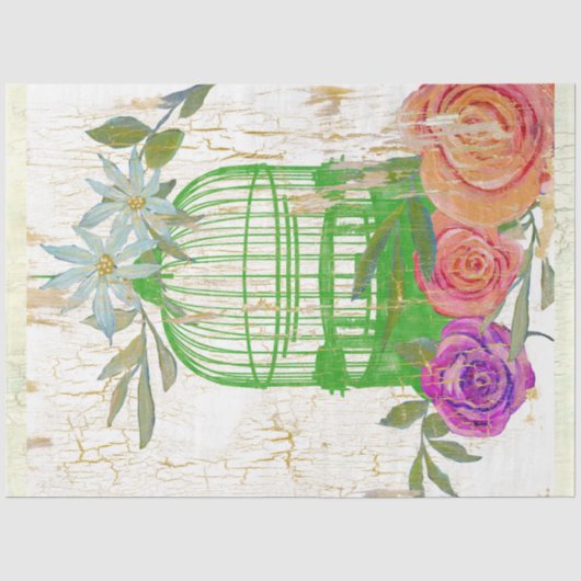 Vogelkäfig BOHO Vintages Blumenholz Seidenpapier (Vorderseite)