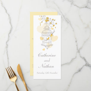 Vogelkäfig Gelbe graue Hochzeitsmenü Menükarte