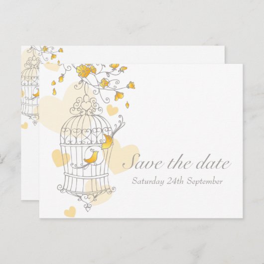 Vogelkäfig - Gelbe Save the Date Karte (Vorne/Hinten)