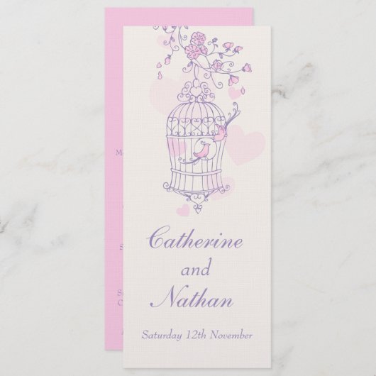 Vogelkäfig lila rosa Hochzeitsmenü Menükarte (Vorne/Hinten)