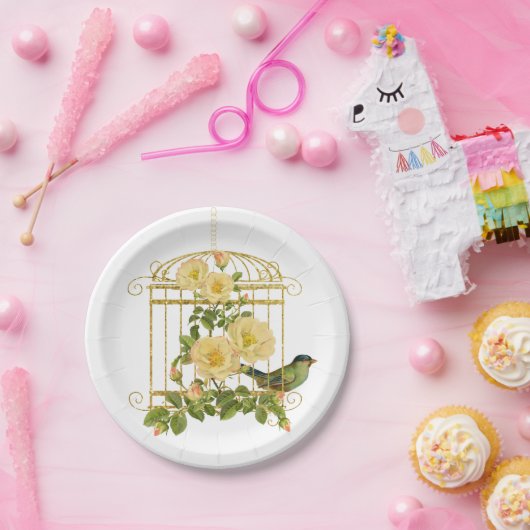 Vogelkäfig mit Rose und Vogelpapierplatte Pappteller (Party)