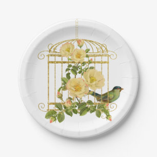 Vogelkäfig mit Rose und Vogelpapierplatte Pappteller