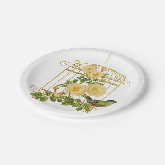 Vogelkäfig mit Rose und Vogelpapierplatte Pappteller (Schrägansicht)