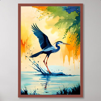 Vogelmalerei mit trifarbenem Heronfisch im Sumpf Poster