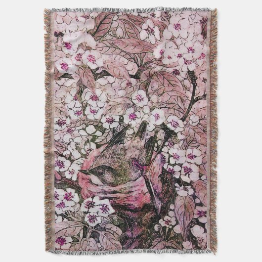 VOGELNEST, BAUM, PINK WEISSE FRÜHSTÜCKSBLUMEN DECKE (Vorderseite Vertikal)