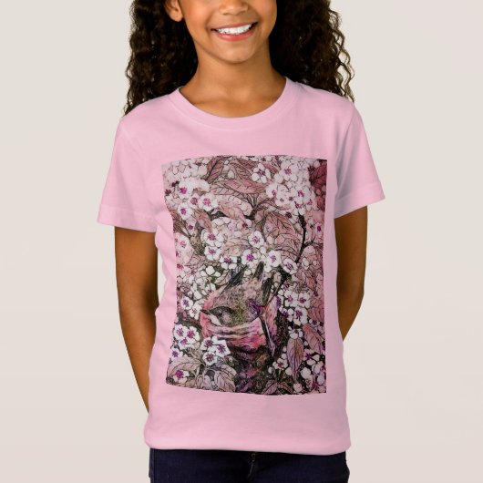 VOGELNEST, BAUM, PINK WEISSE FRÜHSTÜCKSBLUMEN T-Shirt (Vorderseite)