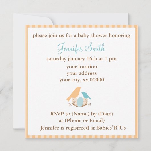 Vogelnest-Neutral-Baby-Dusche Einladung (Rückseite)