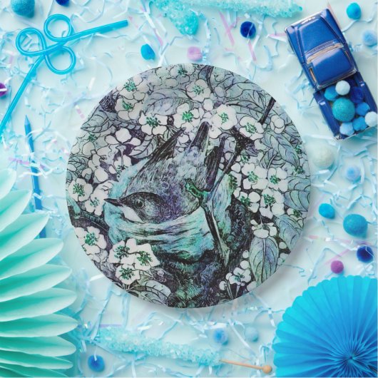 VOGELNEST UNTER FRÜHBLUMEN, weiß, blau Aquamarin Pappteller (Party)