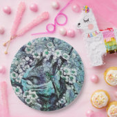 VOGELNEST UNTER FRÜHBLUMEN, weiß, blau Aquamarin Pappteller (Party)