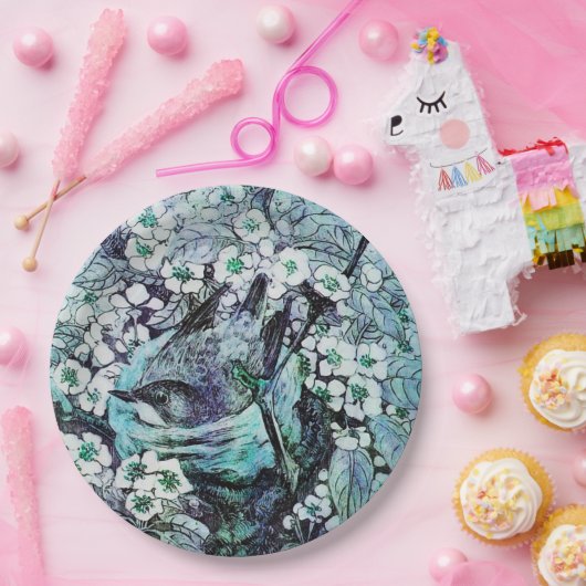 VOGELNEST UNTER FRÜHBLUMEN, weiß, blau Aquamarin Pappteller (Party)