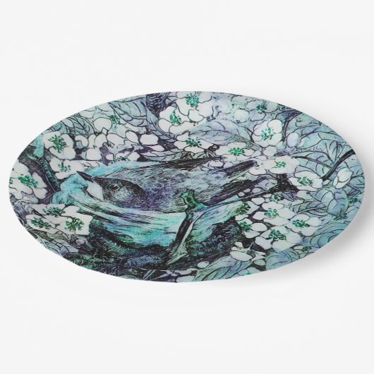 VOGELNEST UNTER FRÜHBLUMEN, weiß, blau Aquamarin Pappteller (Schrägansicht)