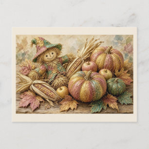 Vogelscheuche Ernte mit Kürbissen und Mais Postkarte