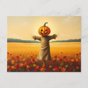 Vogelscheuche mit Kürbiskopf im Herbst Laub Postkarte