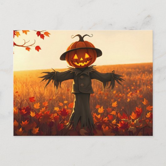 Vogelscheuche mit Kürbiskopf im Herbst Postkarte (Vorderseite)