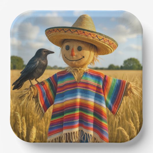 Vogelscheuche mit Sombrero und Poncho Pappteller (Vorderseite)