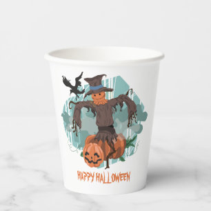 Vogelscheuche und Kürbis Halloween Pappbecher