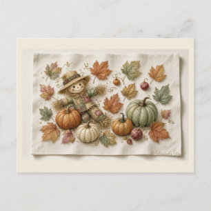 Vogelscheuche und Kürbisse auf Herbstleinwand Postkarte