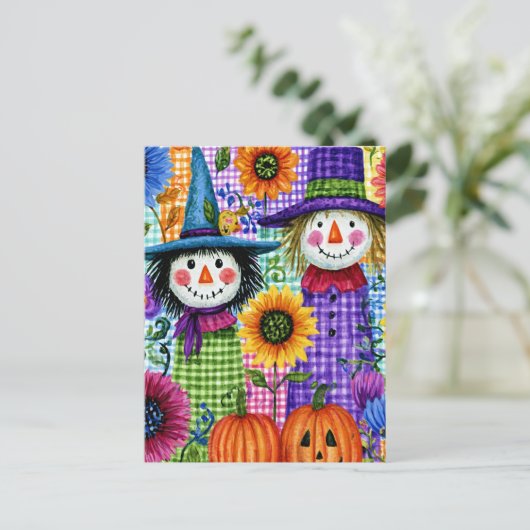 Vogelscheuchen und Kürbisse, Halloween, Postkarte (Stehend Vorderseite)