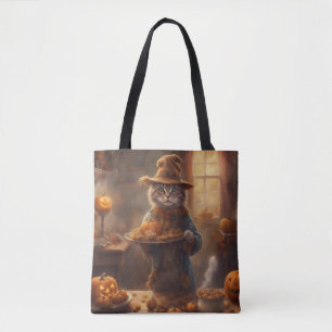 Vogelscheuchenkatze serviert Kekse Trick-or-Treat- Tasche