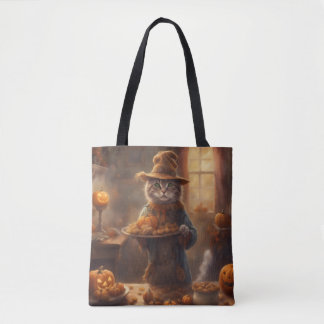 Vogelscheuchenkatze serviert Kekse Trick-or-Treat- Tasche