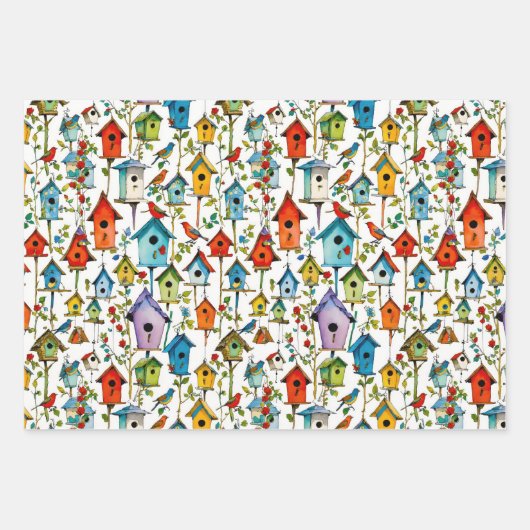 Vogelschutzpatchwork und Vogelhäuser Geschenkpapier Set (Vorderseite)