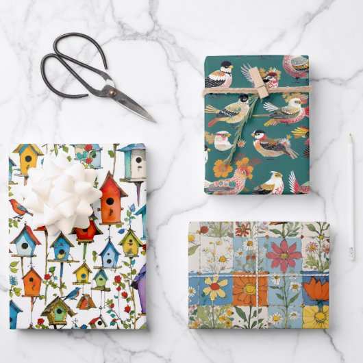 Vogelschutzpatchwork und Vogelhäuser Geschenkpapier Set (Vorderseite)