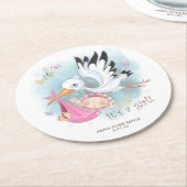 *~* Vogelstork Baby Girl Blume Babydusche Runder Pappuntersetzer (Angewinkelt)
