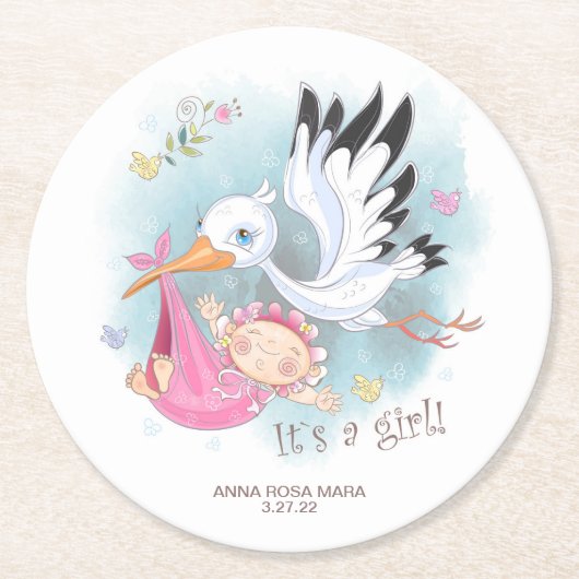 *~* Vogelstork Baby Girl Blume Babydusche Runder Pappuntersetzer (Vorderseite)