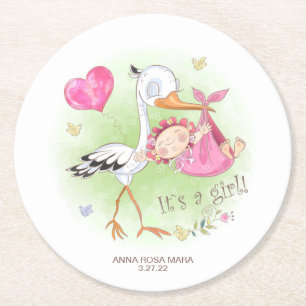 *~* Vogelstork Baby Girl Heart Baby Dusche Runder Pappuntersetzer