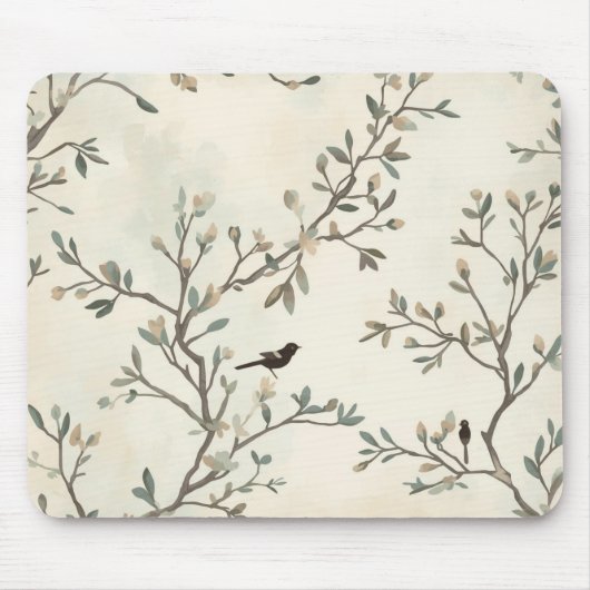 Vogelzweig-Aquarell-Beige-Naturmalerei Mousepad (Vorne)