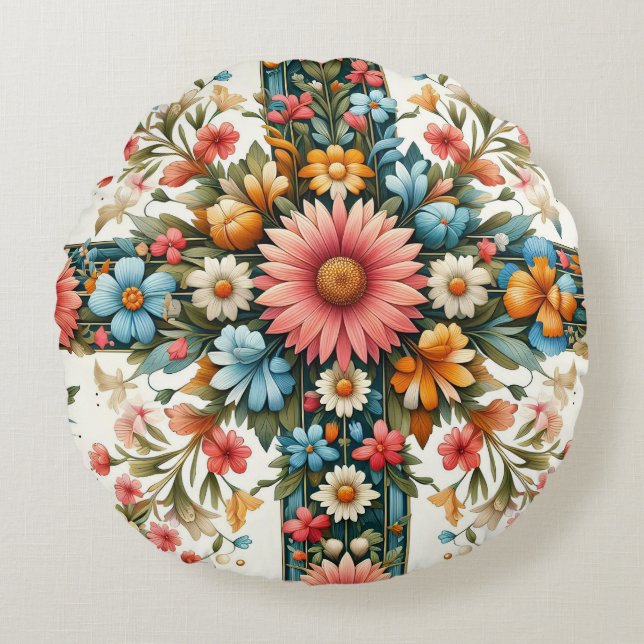 Volksgut Blumen Runde Kissen - Farbige Boho (Vorderseite)