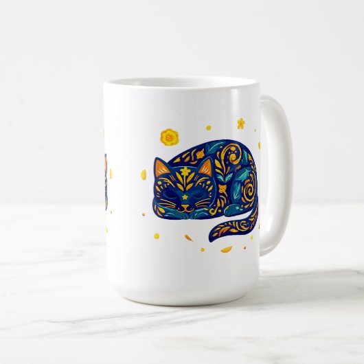 Volksgut Katze in Blau Kaffeetasse (VorderseiteRechts)
