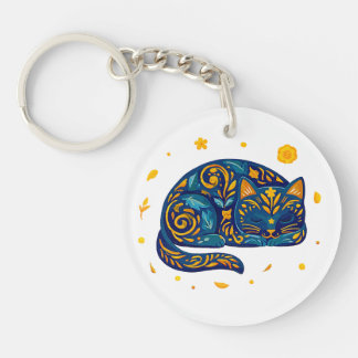 Volksgut Katze in Blau Schlüsselanhänger