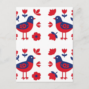 Volksgut Rot Blau Vogel Blumenmuster Postkarte