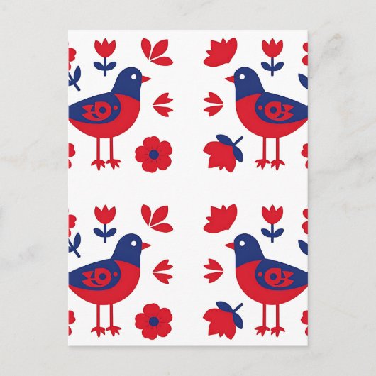 Volksgut Rot Blau Vogel Blumenmuster Postkarte (Vorderseite)