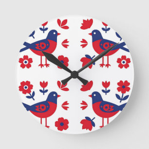 Volksgut Rot Blau Vogel Blumenmuster Runde Wanduhr
