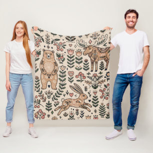 Volkskunst Bär Elch Hase Walddecke Fleecedecke