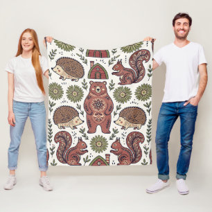 Volkskunst Bär Igel Eichhörnchen Walddecke Fleecedecke